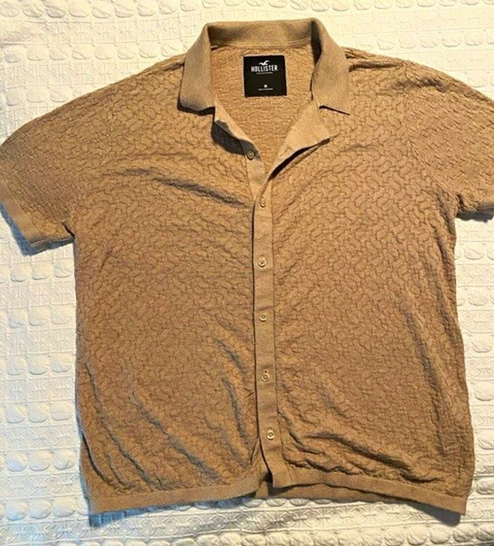 Hollister M Beige Geometric Knit Cotton Blend Short Sleeve Button-Up Shirt